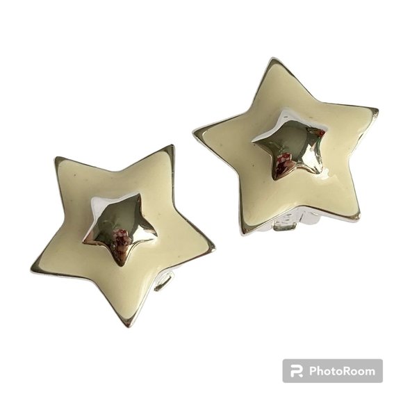 Vintage White Enamel Stars Clip On Earrings 80s 90s Silver Plated Celestial - Picture 1 of 11